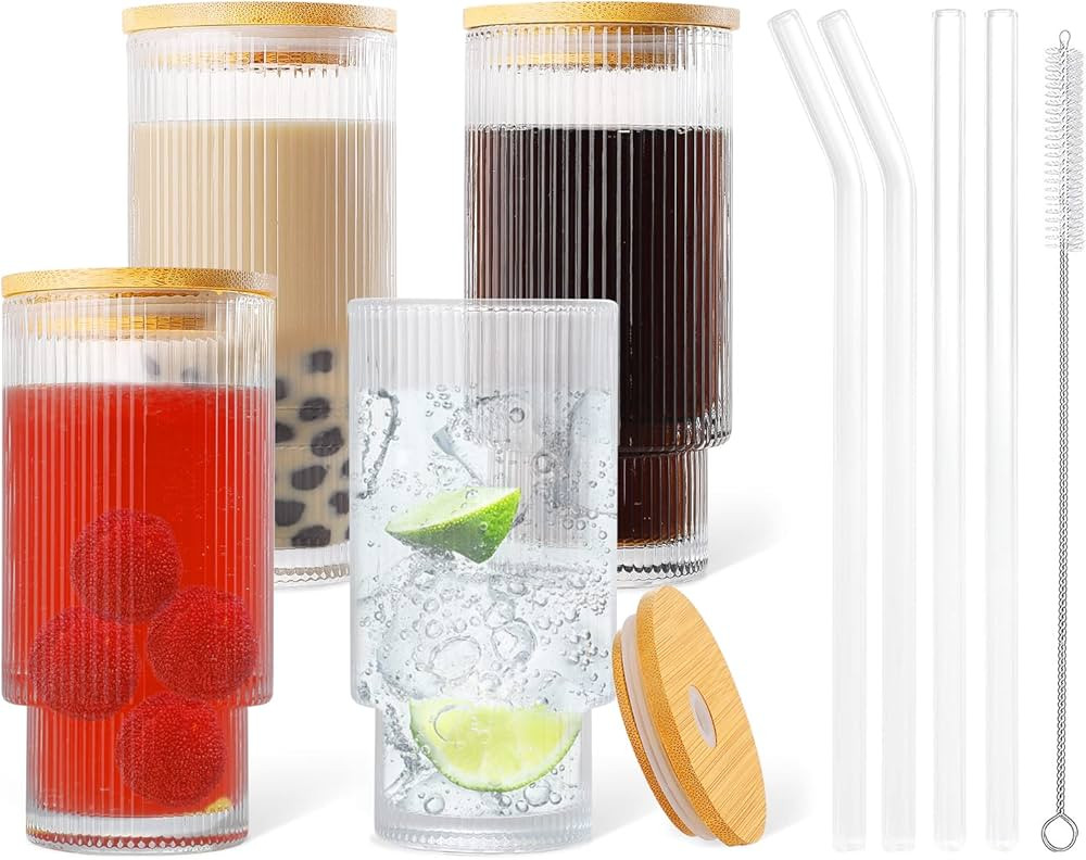 DoceMora Ribbed Glass cups with Bamboo Lids and Glass Straws Set of 4, Fluted Vintage Ripple Clea... | Amazon (US)
