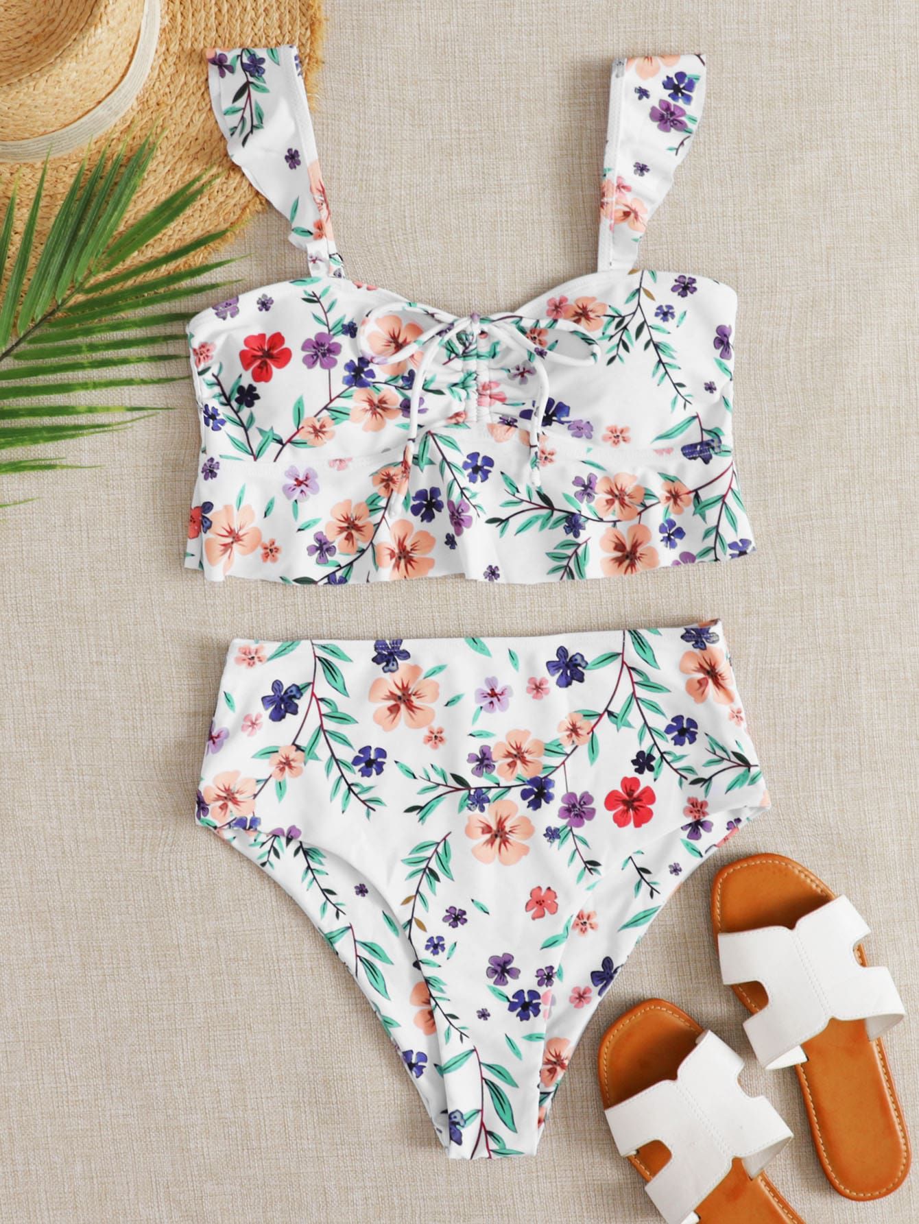 Floral Ruffle Drawstring High Waisted Bikini Swimsuit | SHEIN