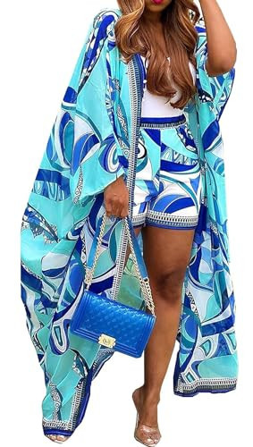 QegarTop Beach Vacation Outfits for Women Two Piece Summer Shorts Sets 2 Piece Kimono Coverups Blue S | Amazon (US)