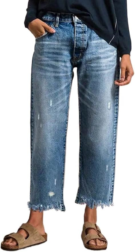 Straight Leg Jeans for Women Spring Summer Frayed Hem Stretchy High Waisted Distressed Cropped De... | Amazon (US)