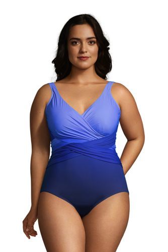Women's Plus Size Slender Tummy Control Chlorine Resistant V-neck Wrap One Piece Swimsuit Print | Lands' End (US)