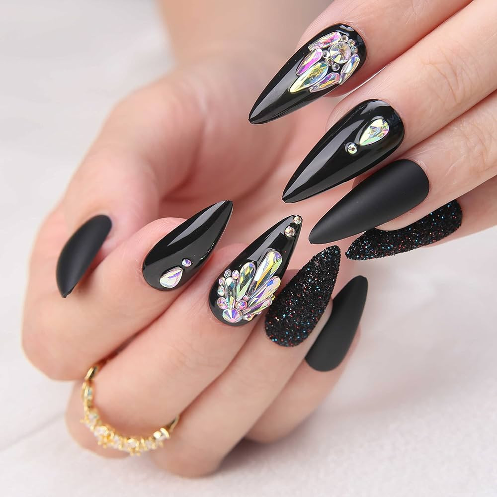 Luxury Black Medium Long Stiletto Almond Press On Nails With Rhinestones Glitter Fake Nails 30pcs... | Amazon (US)