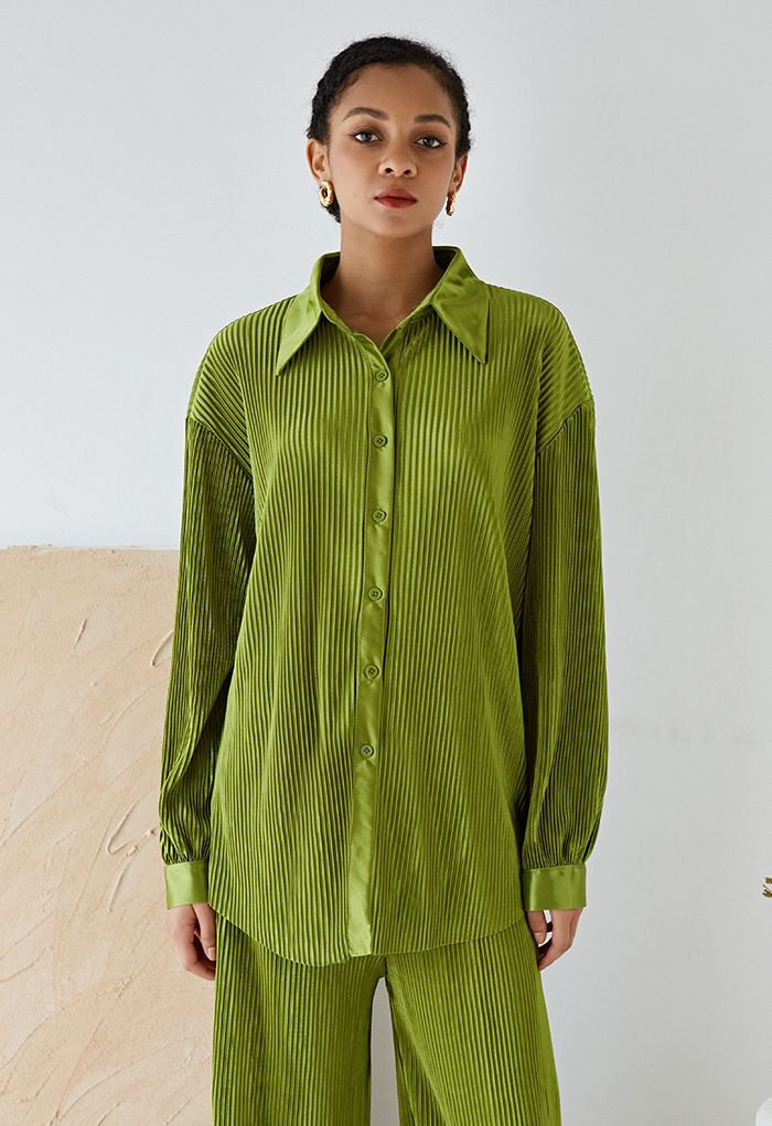 Full Pleated Plisse Shirt and Pants Set in Moss Green | Chicwish