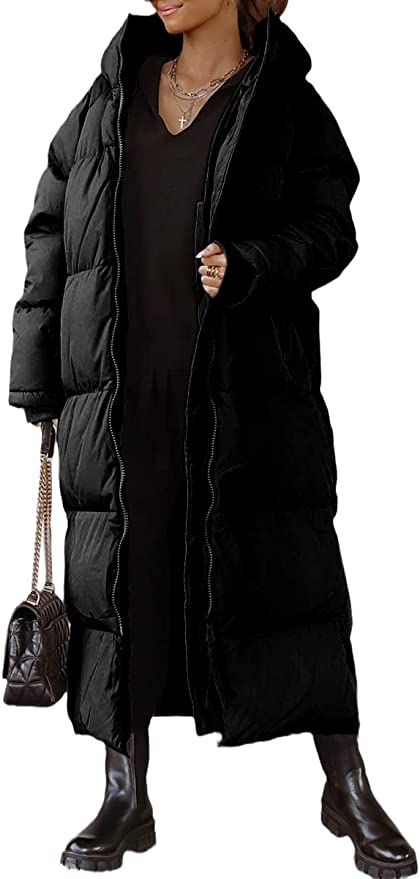 Women Long Quilted Coat Hooded Maxi Length Long Sleeve Puffer Jacket Padded Coat Winter Outerwear | Amazon (US)