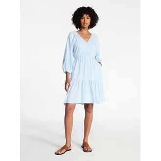 Time and Tru Women's Tiered Mini Dress with ¾ Sleeves, Sizes XS-XXXL | Walmart (US)