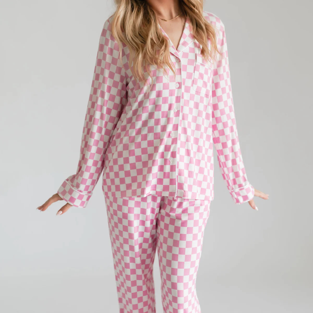 Women's Button Up Set In Pink Checkered | Silks Design