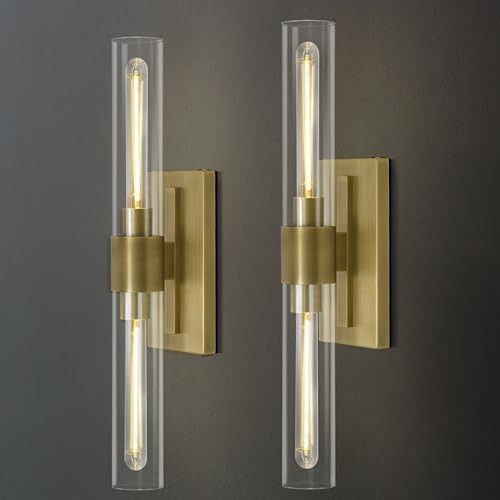 Brass Wall Sconces, 22.8" Bathroom Wall Sconce, Gold Wall Sconces Set of 2, 2-Light Dimmable Wall Sconce, Sconces Wall Lighting With Glass, Bathroom Vanity Light, Tube Sconce for Living Room, Hallway | Amazon (US)