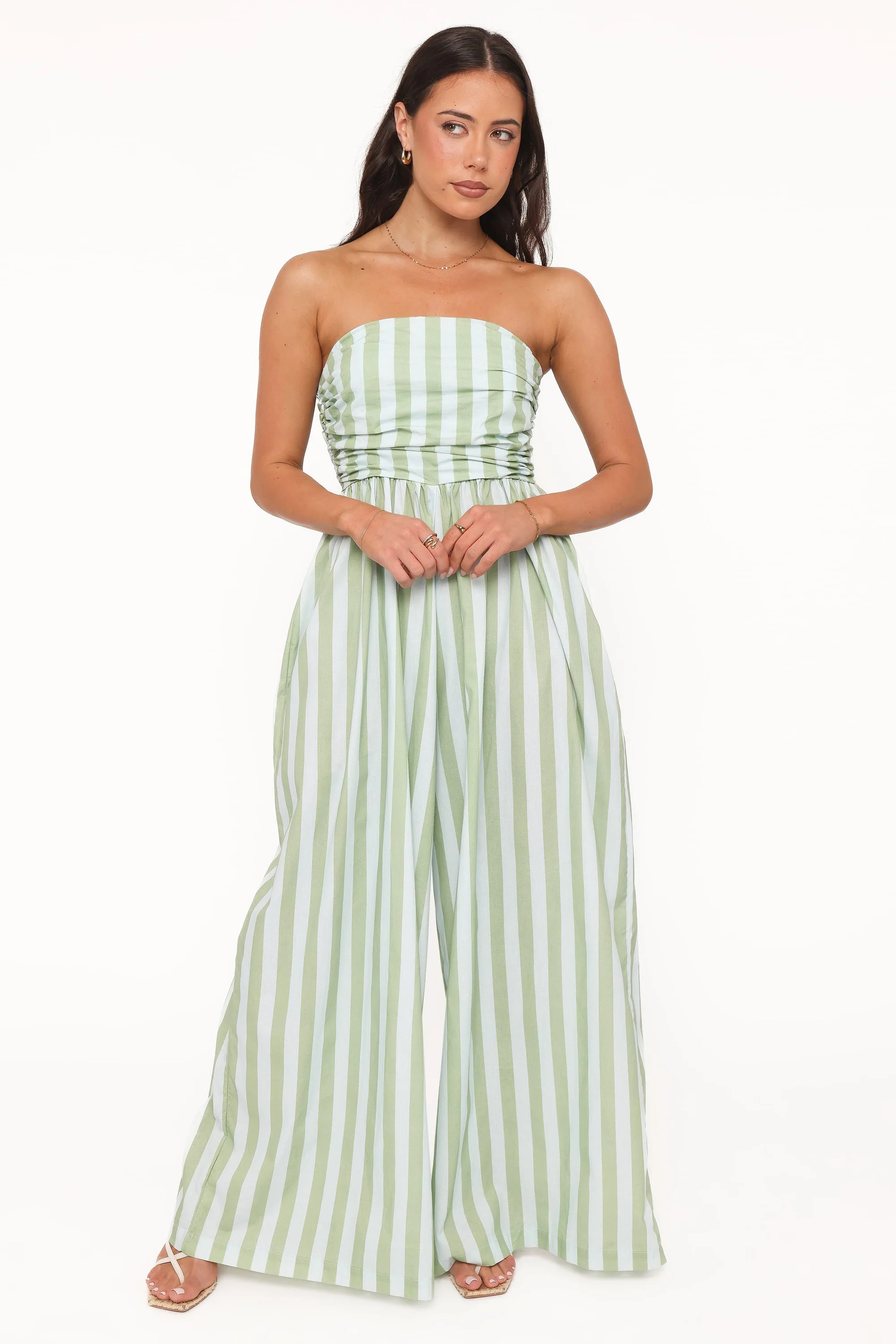 Paige Strapless Jumpsuit - Blue/Green Stripe | Petal & Pup (US)