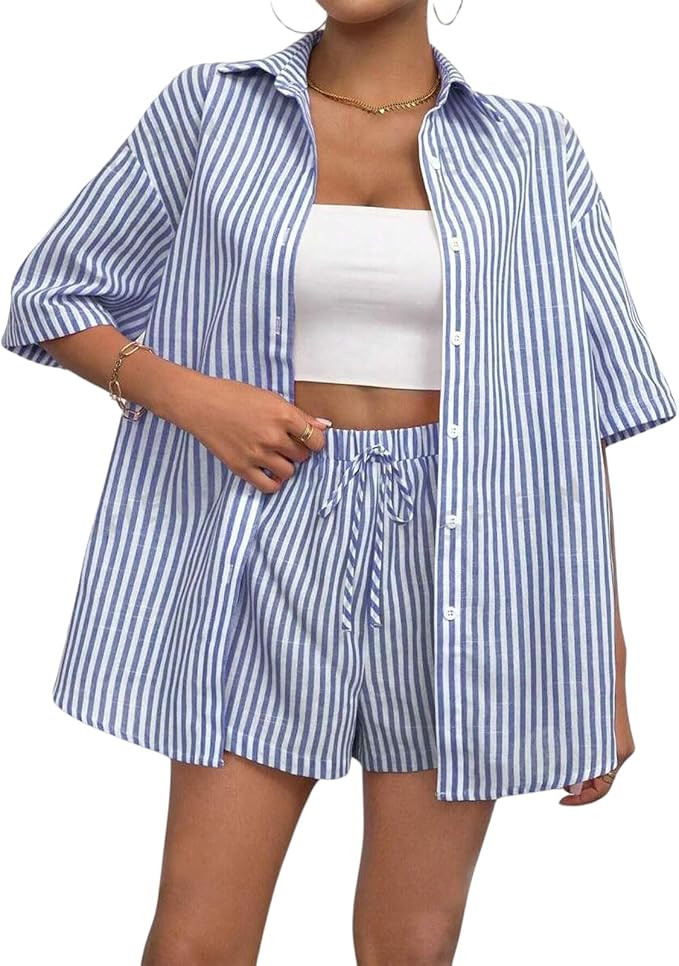 Women's 2 Piece Outfits Casual Striped Button Down Short Sleeve Shirt Loose Drawstring High Waist... | Amazon (US)