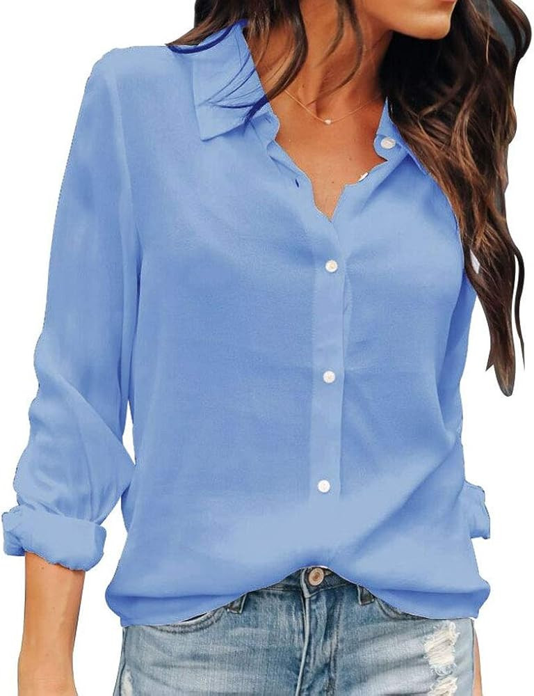 OMSJ Women Button Down Shirts Long Sleeve Chiffon Office V Neck Casual Business Blouses Tops | Amazon (US)