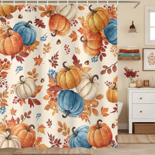 Etsyoki Fall Pumpkin Shower Curtain, Autumn Maple Leaf Thanksgiving Fabric Shower Curtain for Bathroom, Seasonal Fall Home Decor Waterproof with Hooks, 72x72 Inch | Amazon (US)