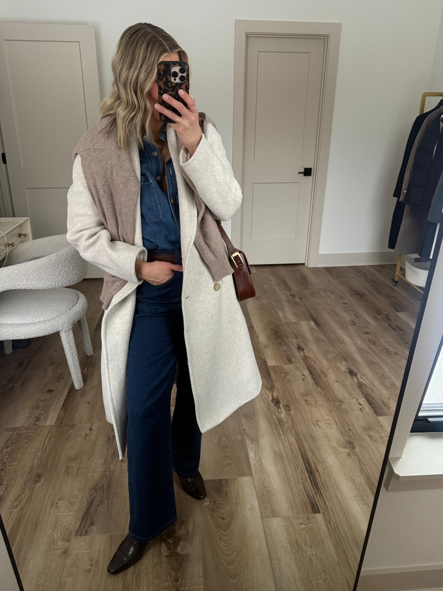 Wearing 25 jeans (code: DJXLAW20), small denim shirt, small sweater, XS coat, small belt, boots tts 

#LTKootd #LTKgrwm #LTKOver40