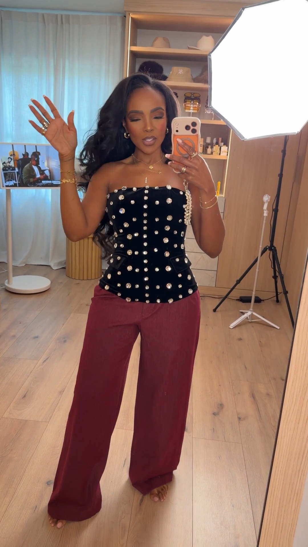 A statement moment — this pearl-embellished corset paired with wide-leg trousers is such a chic, modern twist on evening style. The structured top balances perfectly with the relaxed pant for an effortless, elevated look.

Perfect for holiday parties, dinner nights, or any event where you want to stand out.

📏 Sizing: corset (small), trousers (small)  
Height 5'4" · 138 lbs · 34D bust · 27" waist · 40" hips

Keywords: pearl corset top outfit, holiday party look, wide leg trouser styling, elevated evening style, chic black and burgundy outfit

Favorite to revisit later.

Follow me on Instagram and YouTube @kirasfashionfinds

#LTKootd