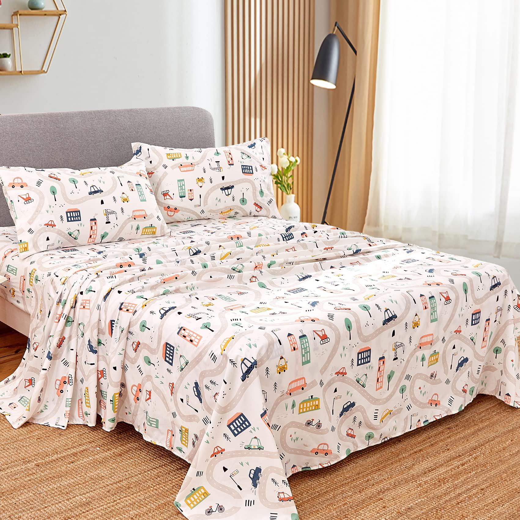 JSD Car Kids Printed Sheet Set Twin Size, 3 Piece Soft Microfiber Bed Sheets Deep Pocket | Amazon (US)