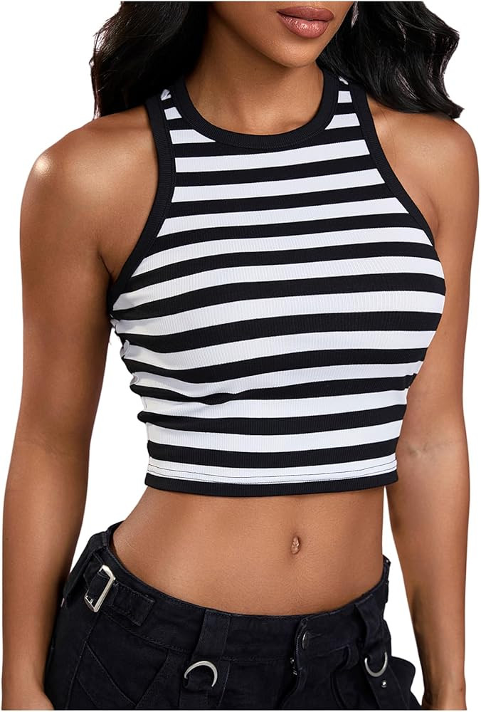 SweatyRocks Women's Striped Crop Tank Tops Sleeveless Crewneck Ribbed Fitted Tops | Amazon (US)