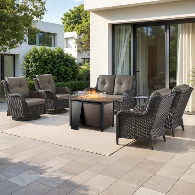 Wendye 8-Piece Outdoor Wicker Patio Furniture Set With Swivel Glider Rocker & 55,000 BTU CSA Propane Fire Pit | Wayfair North America