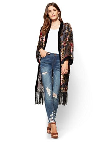 Fringed Burnout Kimono - Black | New York & Company