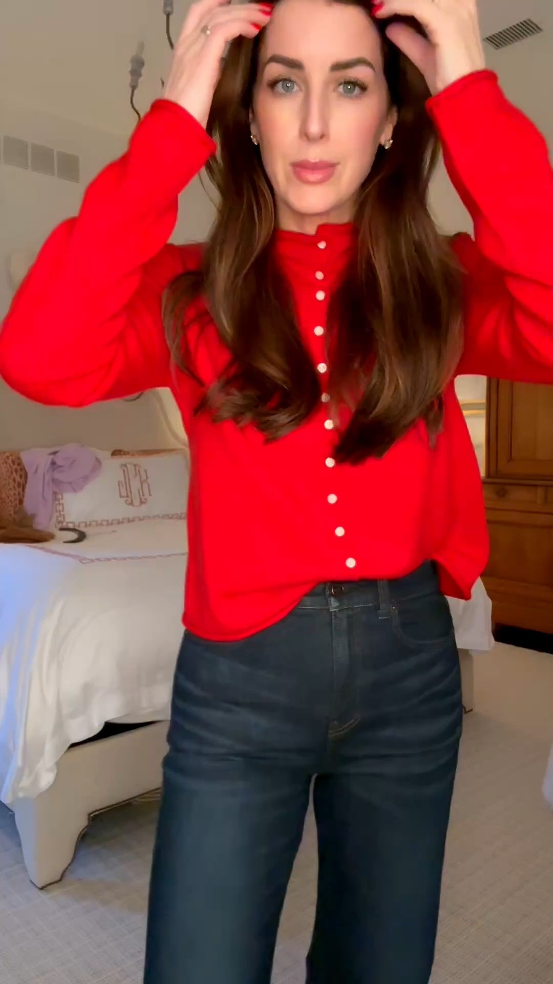 This Alex Mill Taylor Cardigan is one of my all-time favorites. I’m wearing a size small here and styled it as a top—which I love to do—but I actually own this exact sweater in a medium, too, for a slightly oversized fit that’s perfect for layering or throwing over my shoulders.

All of those buttons give it such an elevated little detail, and can we talk about the RED? Ladies, don’t be afraid of color! Red is so chic, so fun, and such an easy way to make the whole outfit. 

 #LTKSeasonal #LTKOver40 #LTKSaleAlert