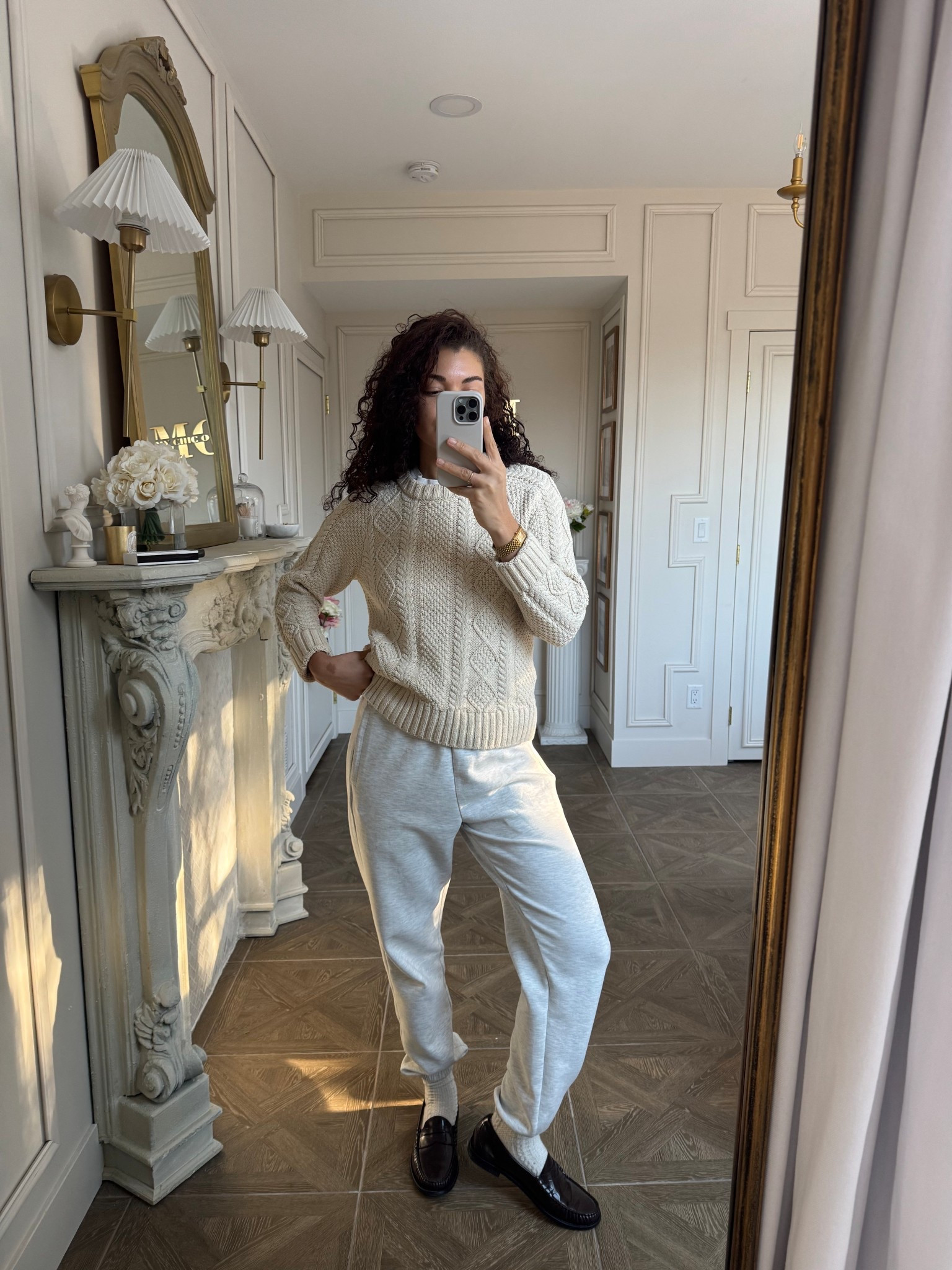 Casual chic joggers outfit with loafers and a cable knit sweater 

#LTKootd