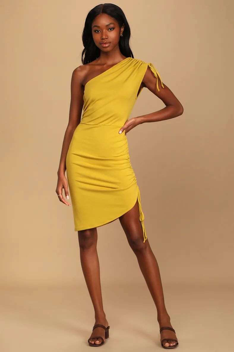 Total Upgrade Mustard Yellow Ruched One-Shoulder Midi Dress | Lulus (US)