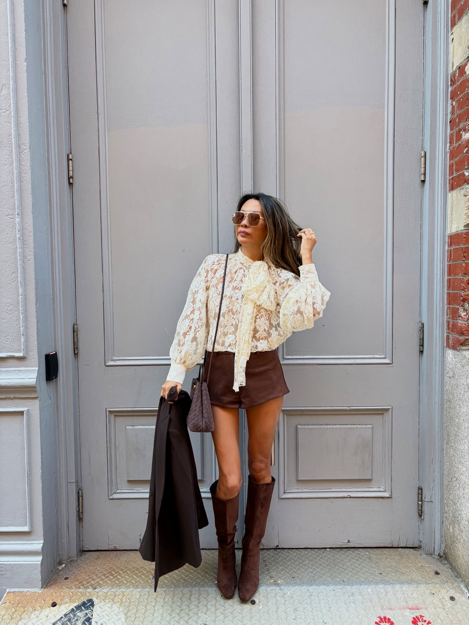 Fall outfit, fall style, suede brown shorts size small, lace top, Amazon bodysuit, Amazon knee high boots, brown blazer Zara 

#LTKFindsUnder100 #LTKStyleTip