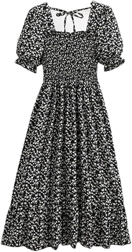 Women's Printed Dress Chiffon Short Sleeve Casual Elastic Waist Pleated Backless Midi Dresses | Amazon (US)