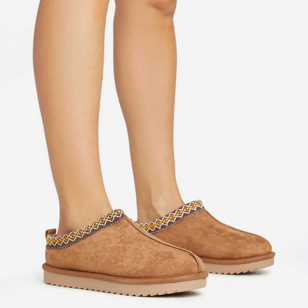 Catch-Up Aztec Detail Faux Fur Lining Flat Slipper In Chestnut Brown Faux Suede | EGO Shoes (US & Canada)