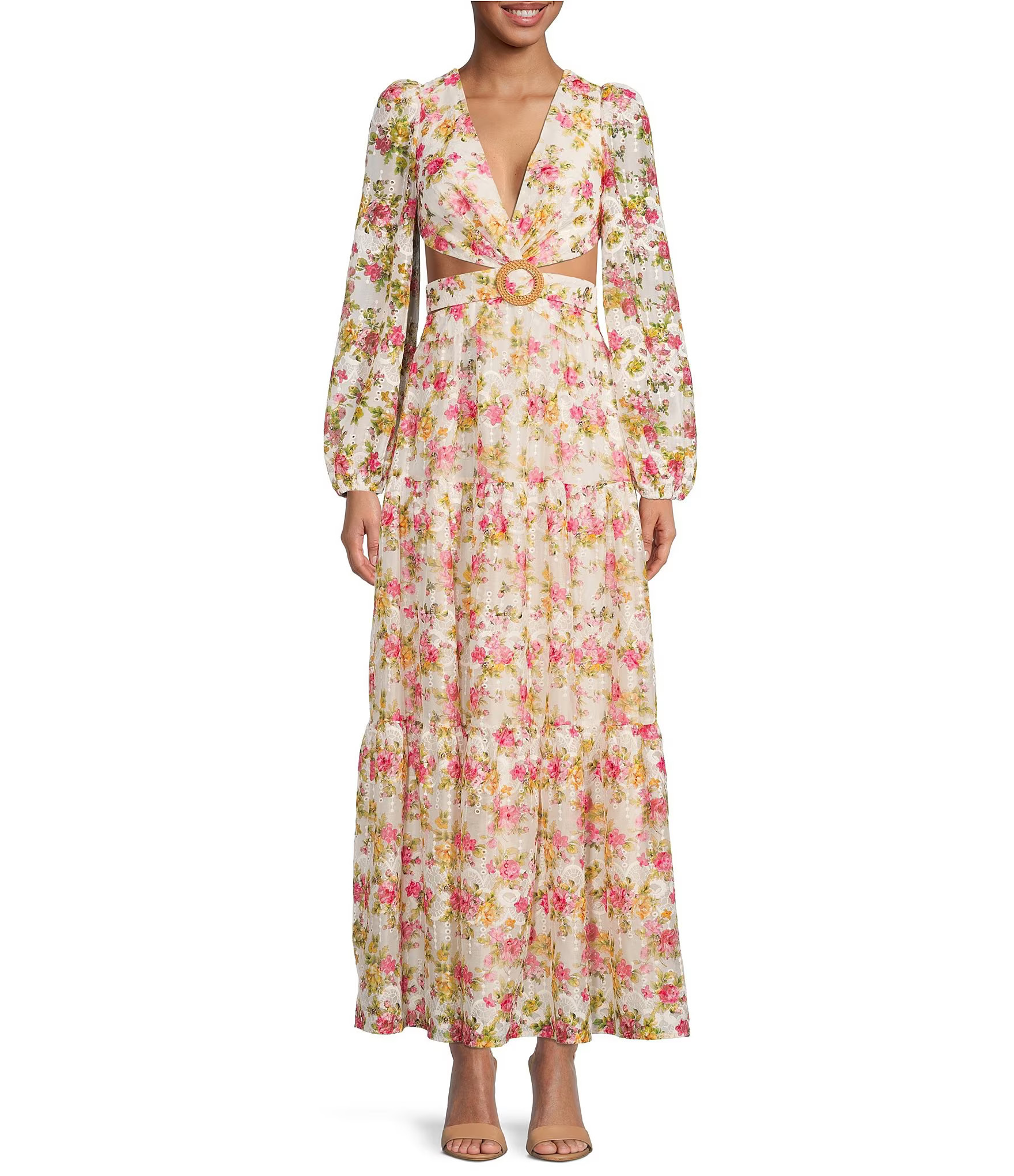 Lillian Floral Print Long Sleeve Deep V-Neck Cut-Out Tiered A-Line Dress | Dillard's