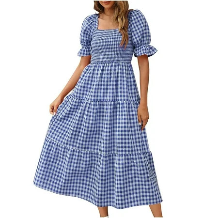 JYNZ Maxi Dress with Sleeves Plus Size Women Bohemian Summer Plaid Square Neck Puff Sleeve Ruffle Fl | Walmart (US)