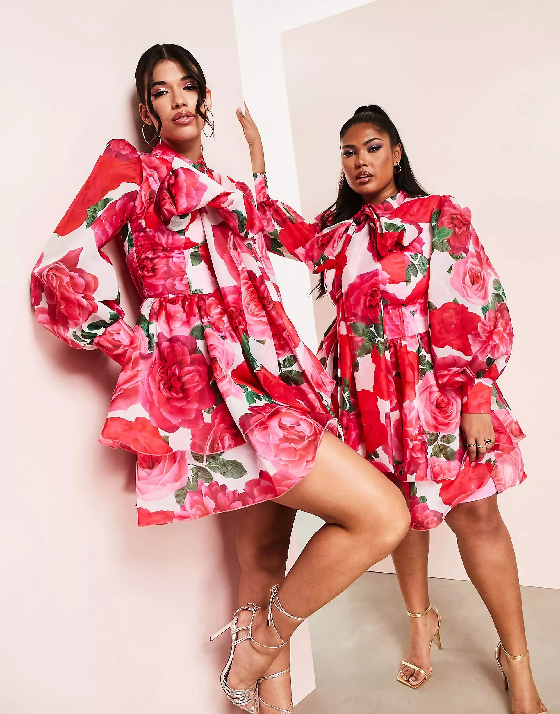 ASOS LUXE chiffon mini swing dress with pussybow in floral | ASOS (Global)