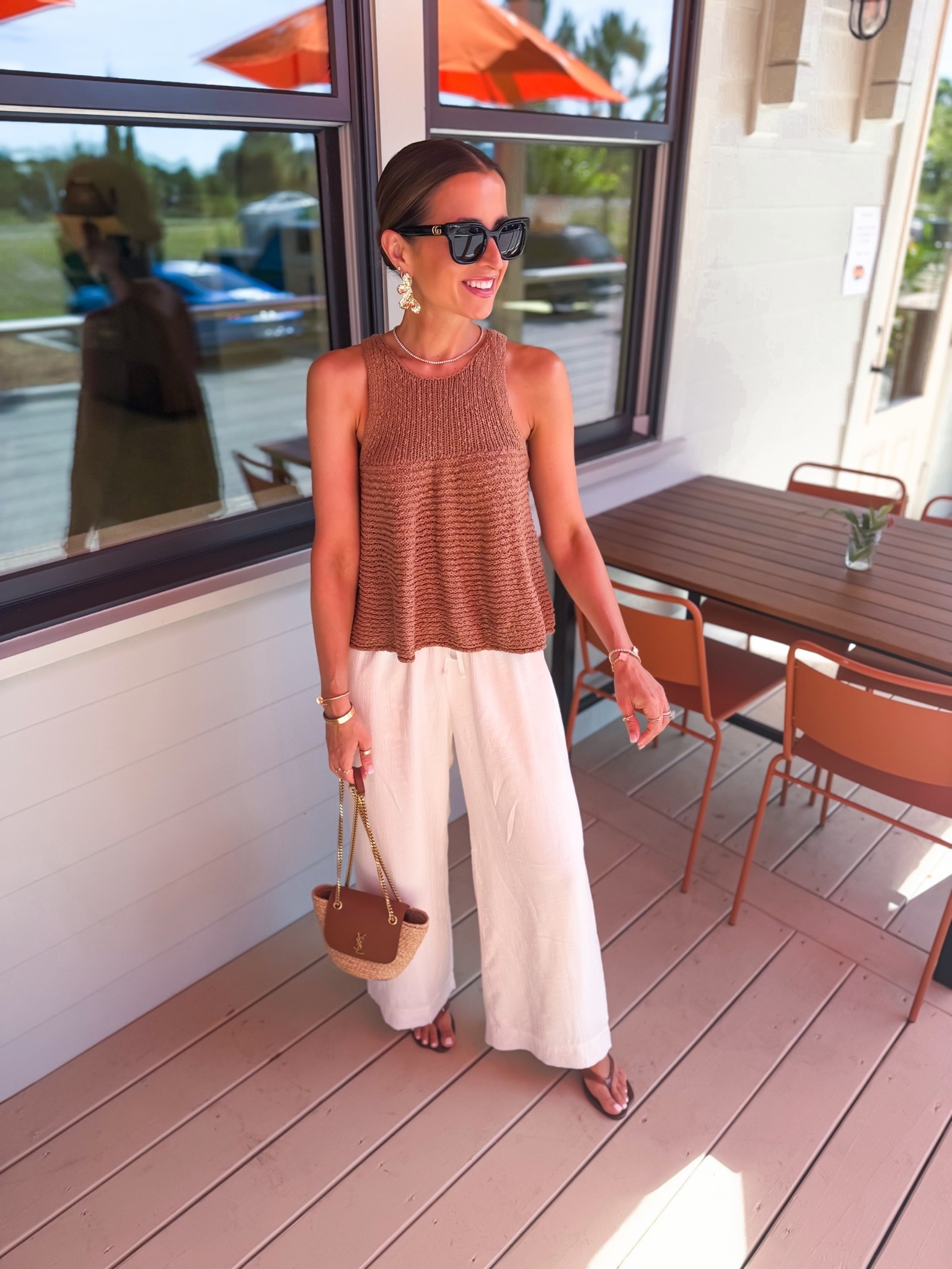 My dinner outfit. Summer outfit. Elevated casual outfit. Resort outfit. Resort wear. Vacation outfit. Europe outfit. New wide leg crinkle pants from Abercrombie in XXS short. Anthropologie sweater tank in XXS. Amazon jelly sandals are TTS. YSL raffia bag.

#LTKootd #LTKTravel #LTKPetite