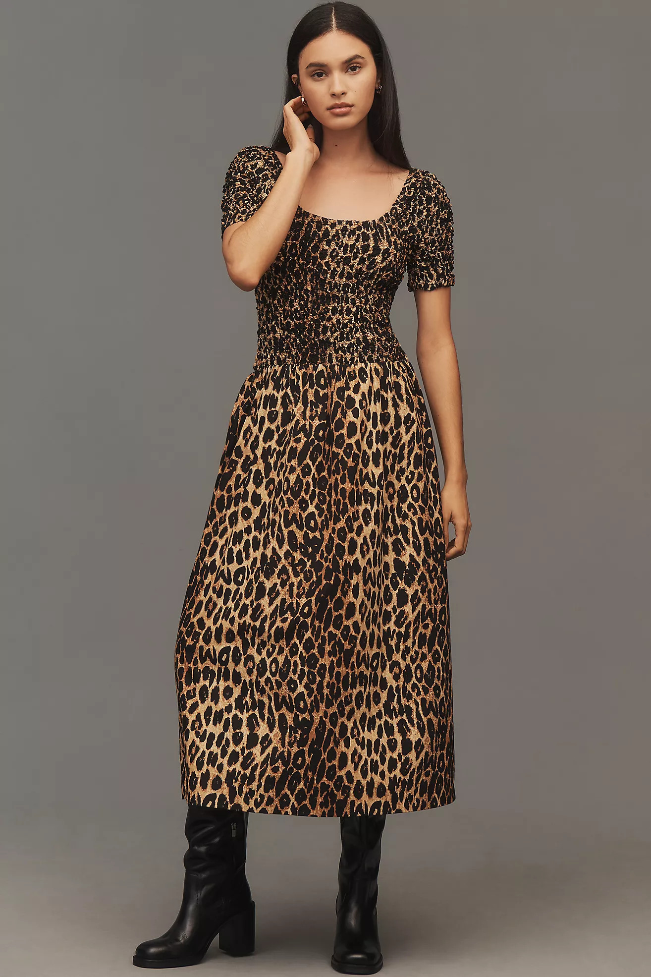 Damson Madder Malinda Smocked Short-Sleeve Midi Dress | Anthropologie (US)