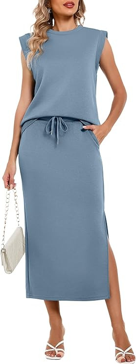 Casly Lamiit Women's Two Piece Sets Summer Lounge Outfits Cap Sleeve Top Drawstring Midi Skirts S... | Amazon (US)