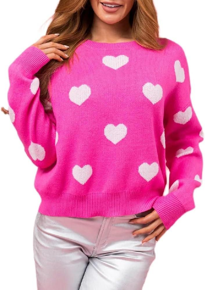 Women Cute Love Heart Sweater Y2K Long Sleeve Oversized Sweater Valentine's Day Pullover Knit Top | Amazon (US)
