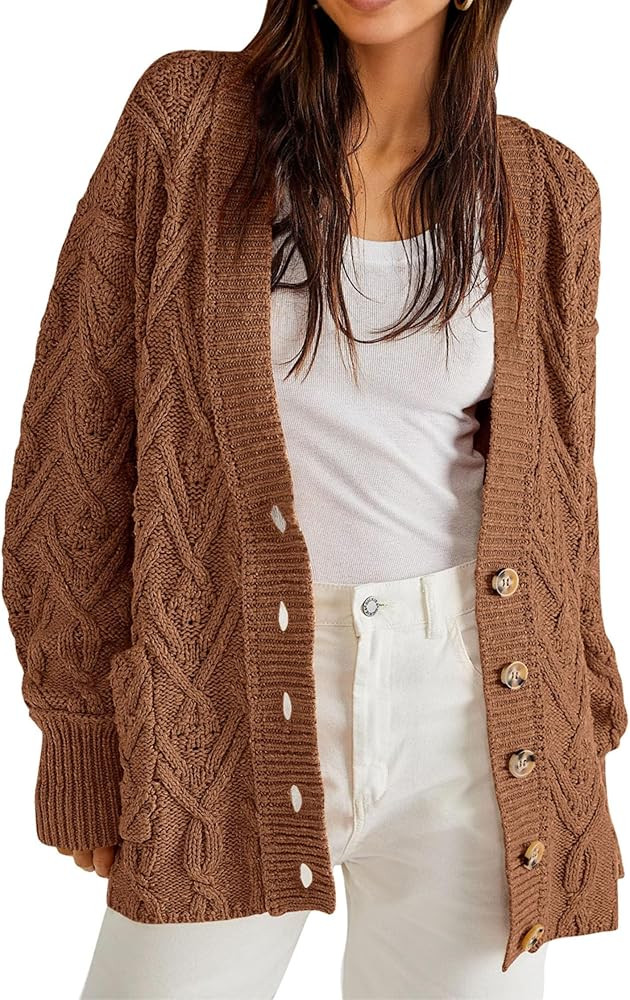 KIRUNDO Women 2023 Fall Winter Oversized Button Down Cable Knit Cardigan Casual Long Sleeve Open ... | Amazon (US)