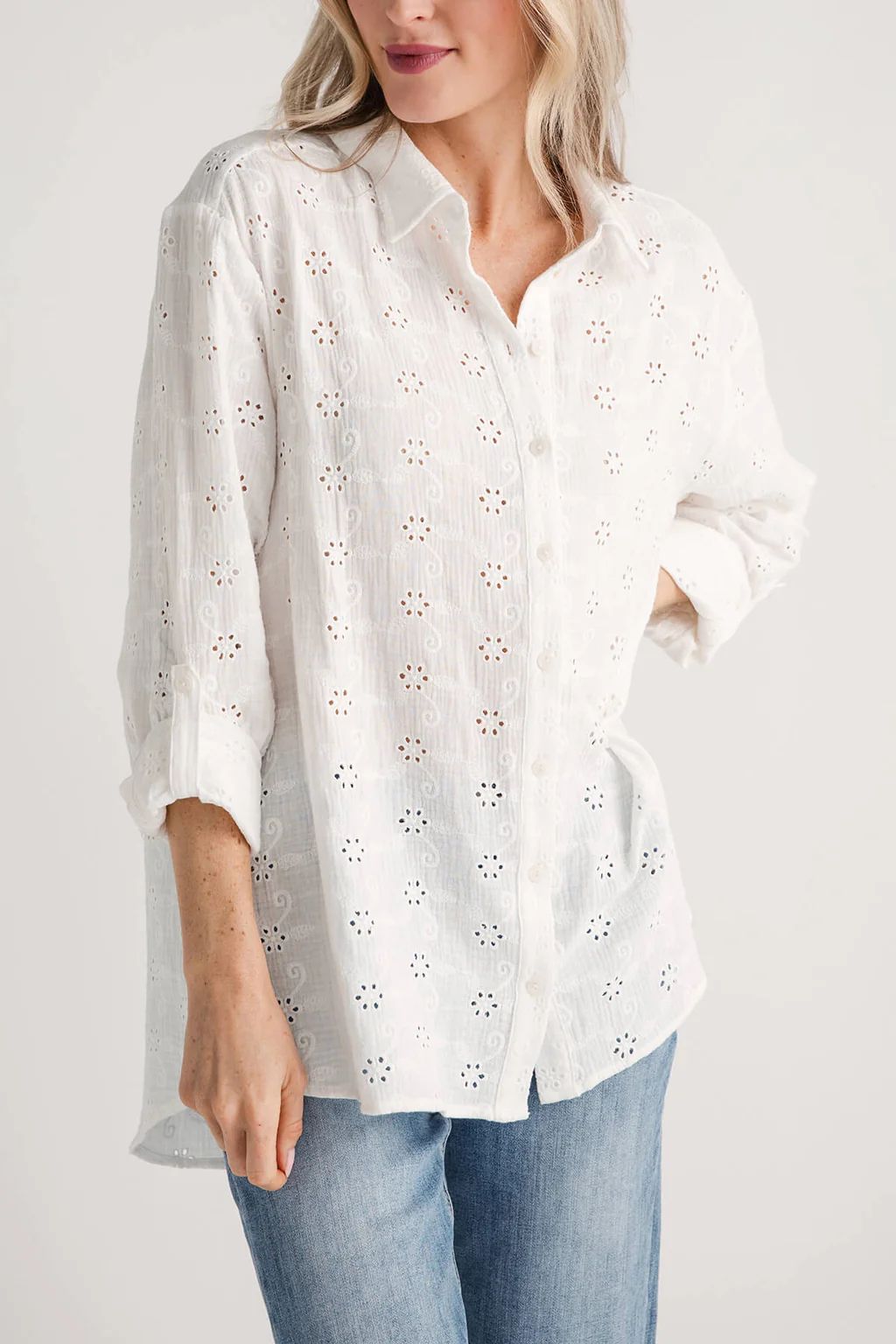 Lovestitch Eyelet Embroidered Button Down Top | Social Threads