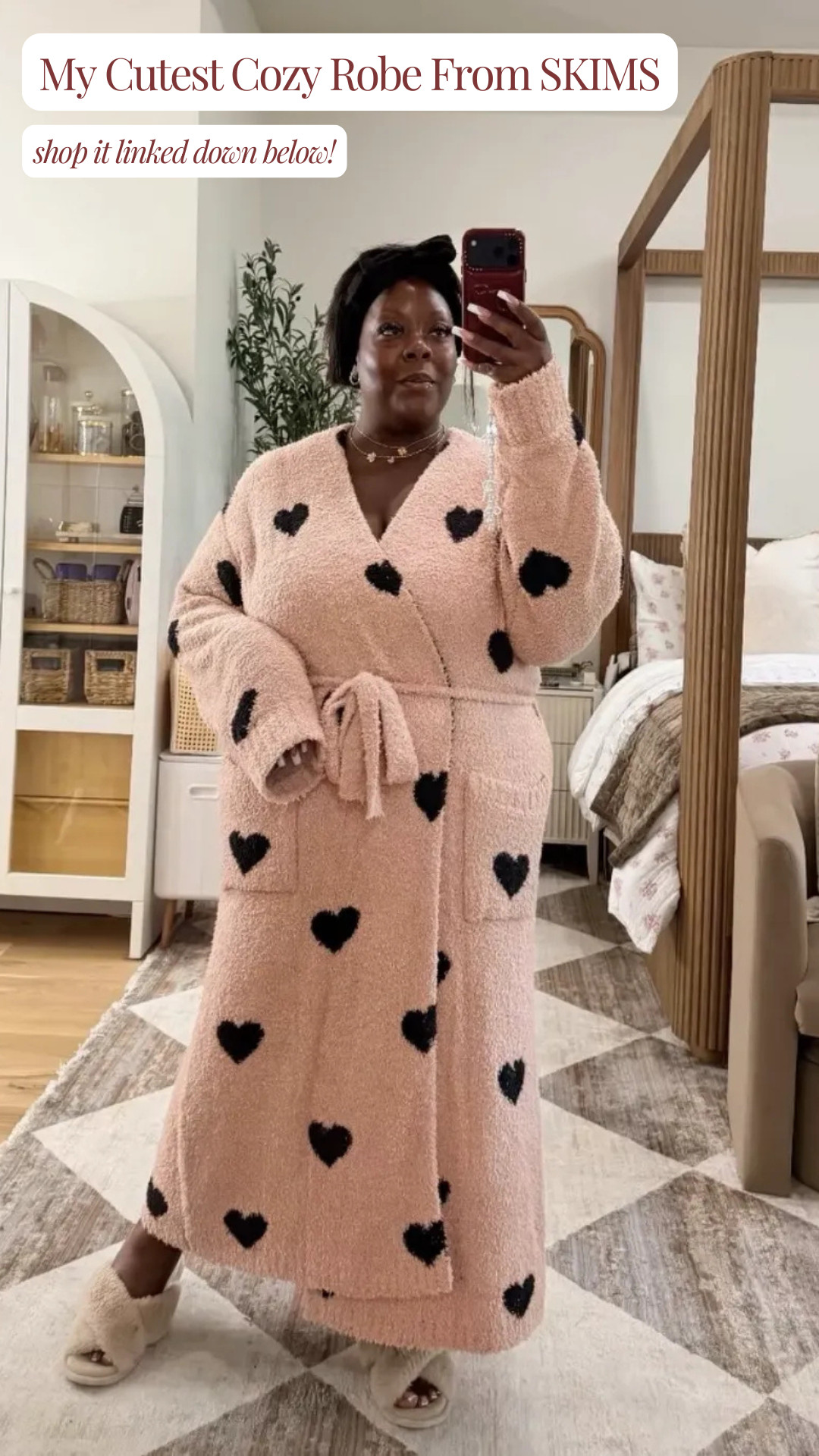 The official uniform for cozy season! 🖤 Cloud-like comfort has been achieved with this plush blush pink long robe covered in black heart details from SKIMS. It is unbelievably soft, super warm, and easily my absolute favorite piece to lounge in around the house. ☁️ Complete with fuzzy slide slippers for the ultimate self-care day look! You can shop this exact robe and all my cozy loungewear favorites by following me on the LTK app! 🛍️ Follow for more @OPERATION_NIKI on IG, TikTok, & Facebook #SKIMS #Loungewear #CozyVibes #PinkAesthetic #PlushRobe #SelfCare #CozySeason #ComfyChic #MirrorSelfie

#LTKselfcare #LTKMidsize #LTKPlusSize