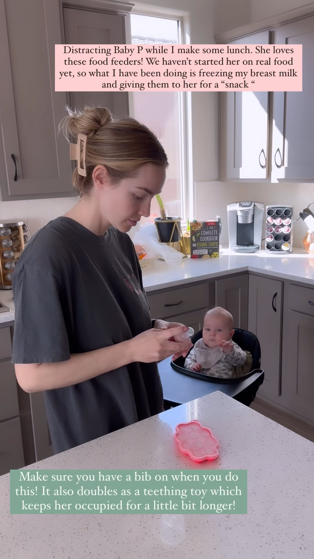 Distracting Baby while I make lunch! 
She loves the food feeder with my frozen breast milk inside! The feeders come with different sizes so it will grow with baby! 

#LTKMostLoved #LTKbaby #LTKbump