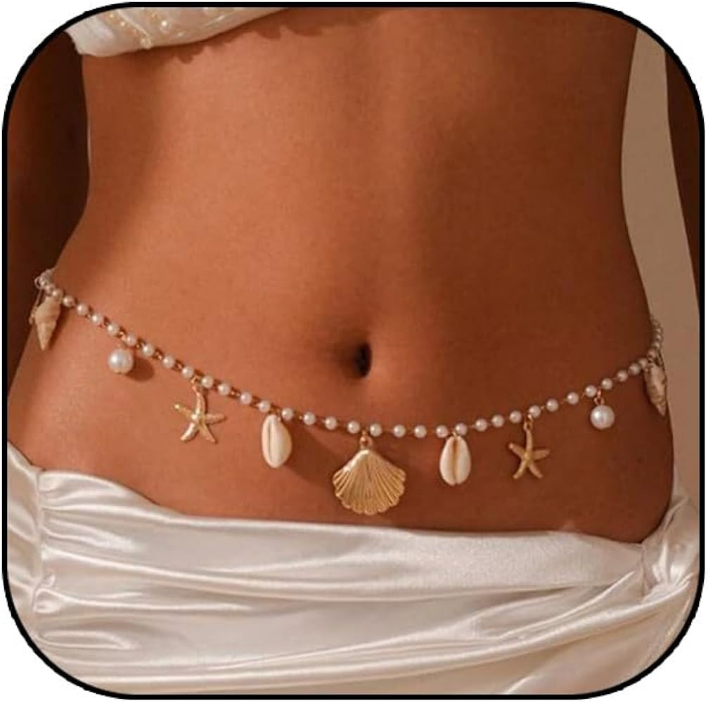 Gold Starfish Seashell Waist Chain Belt for Women Boho Mermaid Pearl Body Chain Summer Beach Vaca... | Amazon (US)