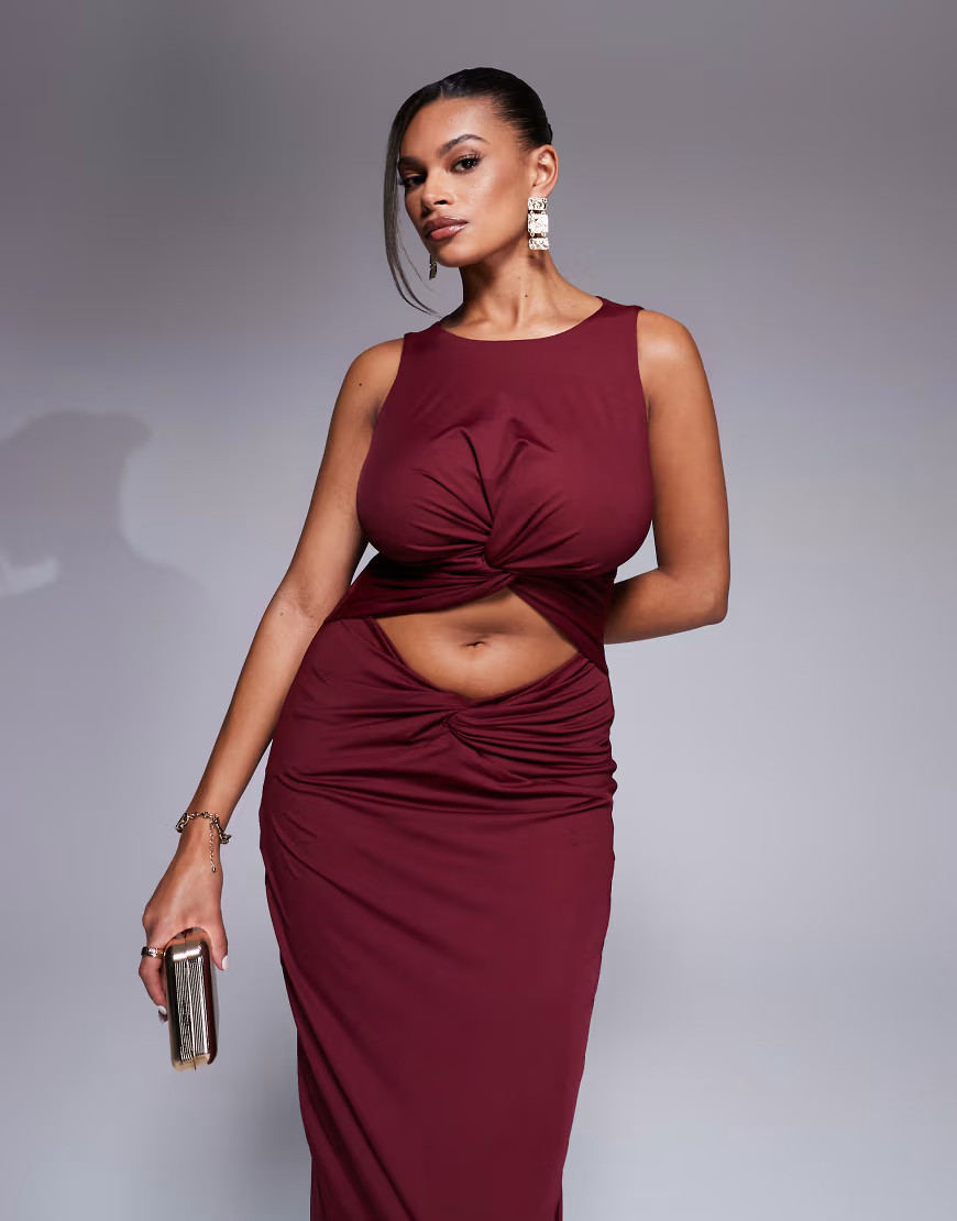 Taideux fuller bust Nikki jersey cut out midaxi dress with twist detail in deep red | ASOS (Global)