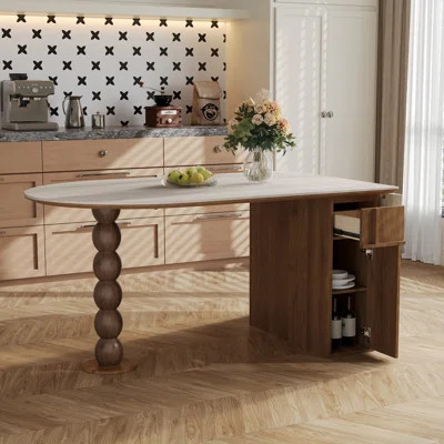 71" Extendable Oval Dining Table For 4-6, Modern Kitchen Table With Travertine Sintered Stone Top & Storages, Beige | Wayfair North America