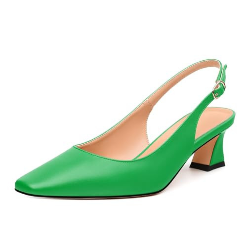 HeySoleModa Womens Pumps, Square Toe Small Chunky Heel Slingbacks for Women, Leather Insole Slingback Pumps Buckle Closure 2" Green Matte Size 10.5 | Amazon (US)