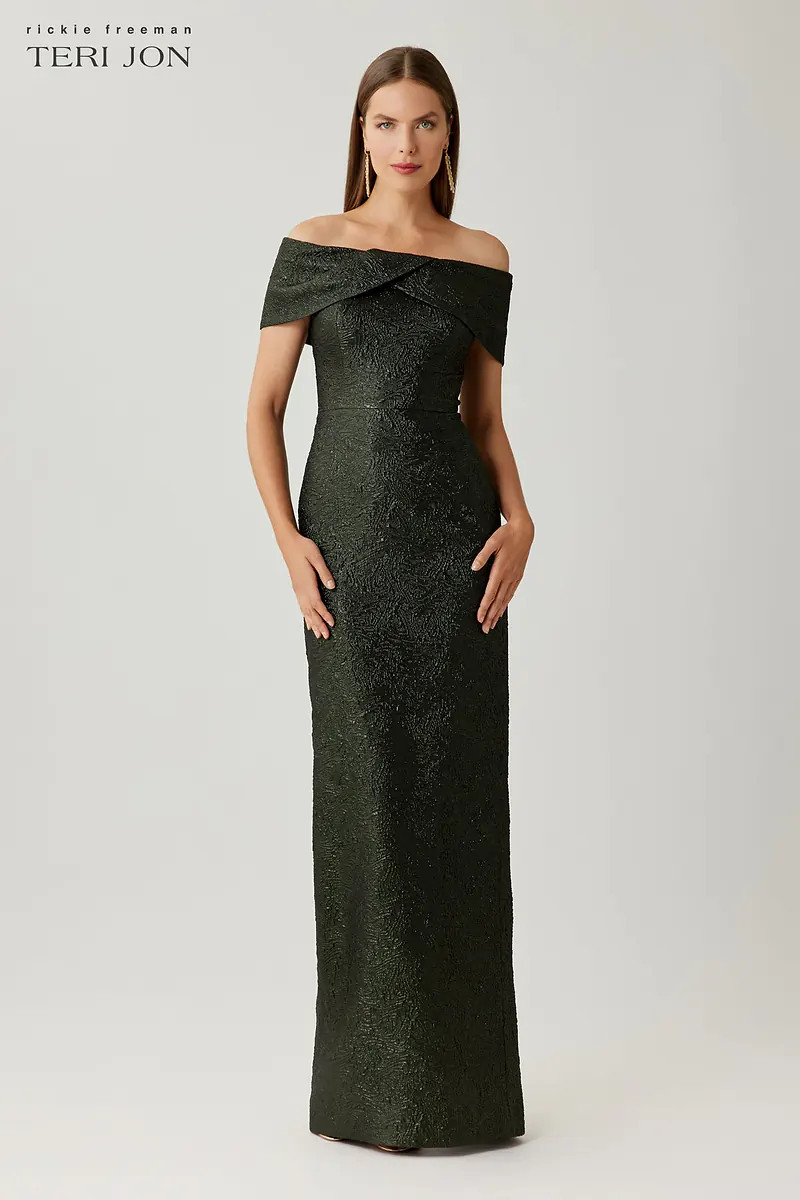 Jacquard Envelope Bodice Off The Shoulder Gown | TERI JON