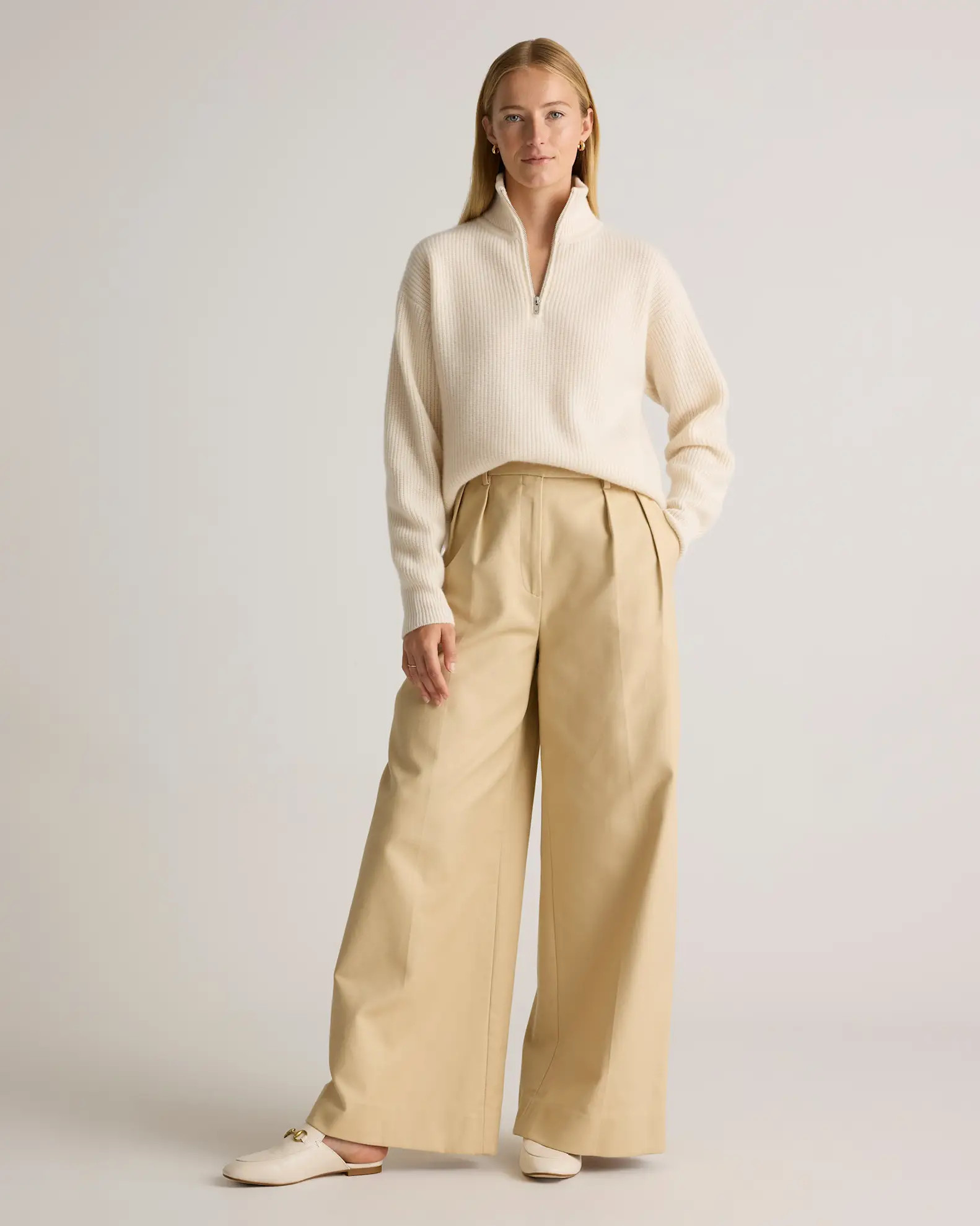 Mongolian Cashmere Fisherman Quarter Zip Sweater in Ivory | Quince