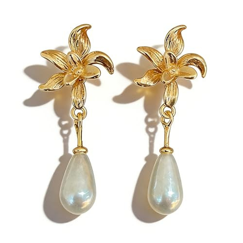 Dainty Pearl Flower Earrings for Women Vintage Gold Floral Dangling Earring Chunky Long Pearl Drop Earrings Trendy Wedding Jewelry Accessories Gifts (Gold2) | Amazon (US)