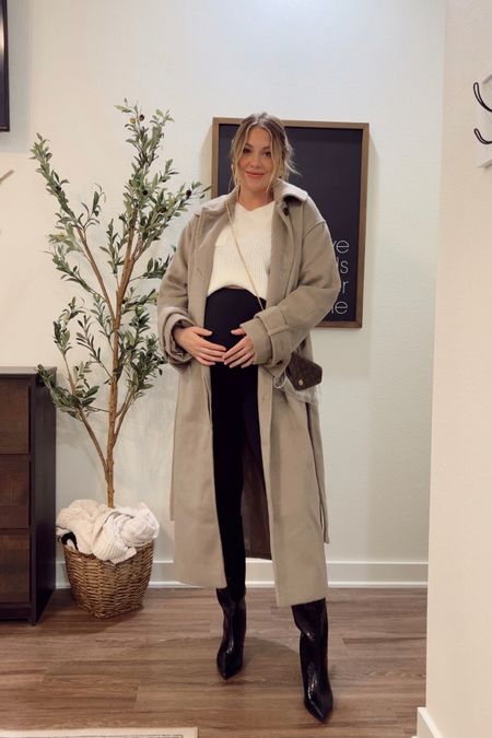 I’m wearing a large in the sweater.
Size 6 in the wool coat.
Small in the leggings.
8.5 in the boots! Everything fits tts 

Maternity outfit, thanksgiving outfit, holiday outfit, trench coat, long coat 

#LTKSeasonal #LTKCyberSaleIT #LTKCyberSaleES