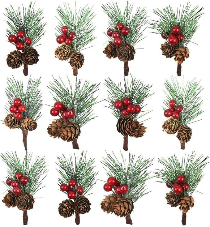 Artificial Pine Picks Small Pine Picks Artificial Red Berry Pinecone Snowy Branches for Christmas... | Amazon (US)