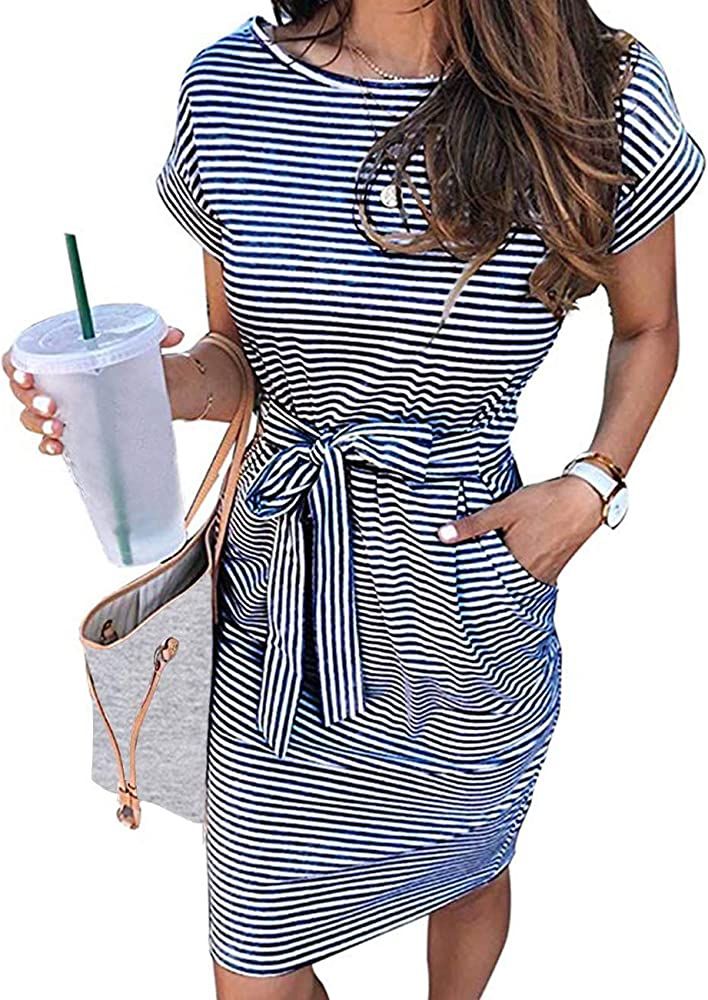MEROKEETY Women's Summer Striped Short Sleeve T Shirt Dress Casual Tie Waist Midi Dress, Navy, S ... | Amazon (US)