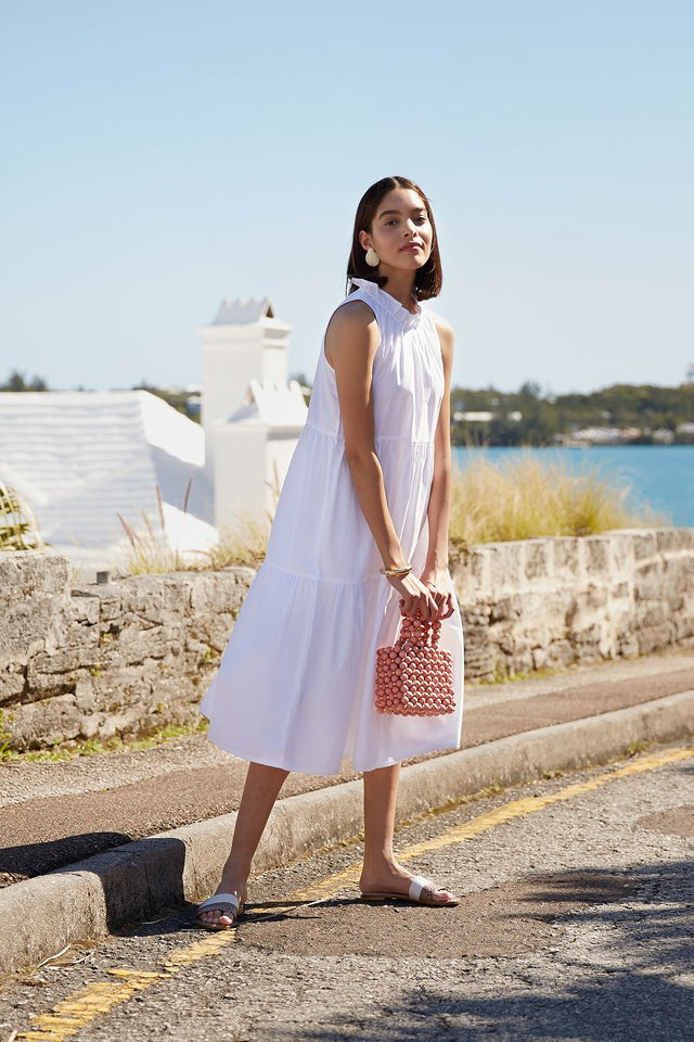 Poplin Ruffle Neck Dress in White | LAKE Pajamas