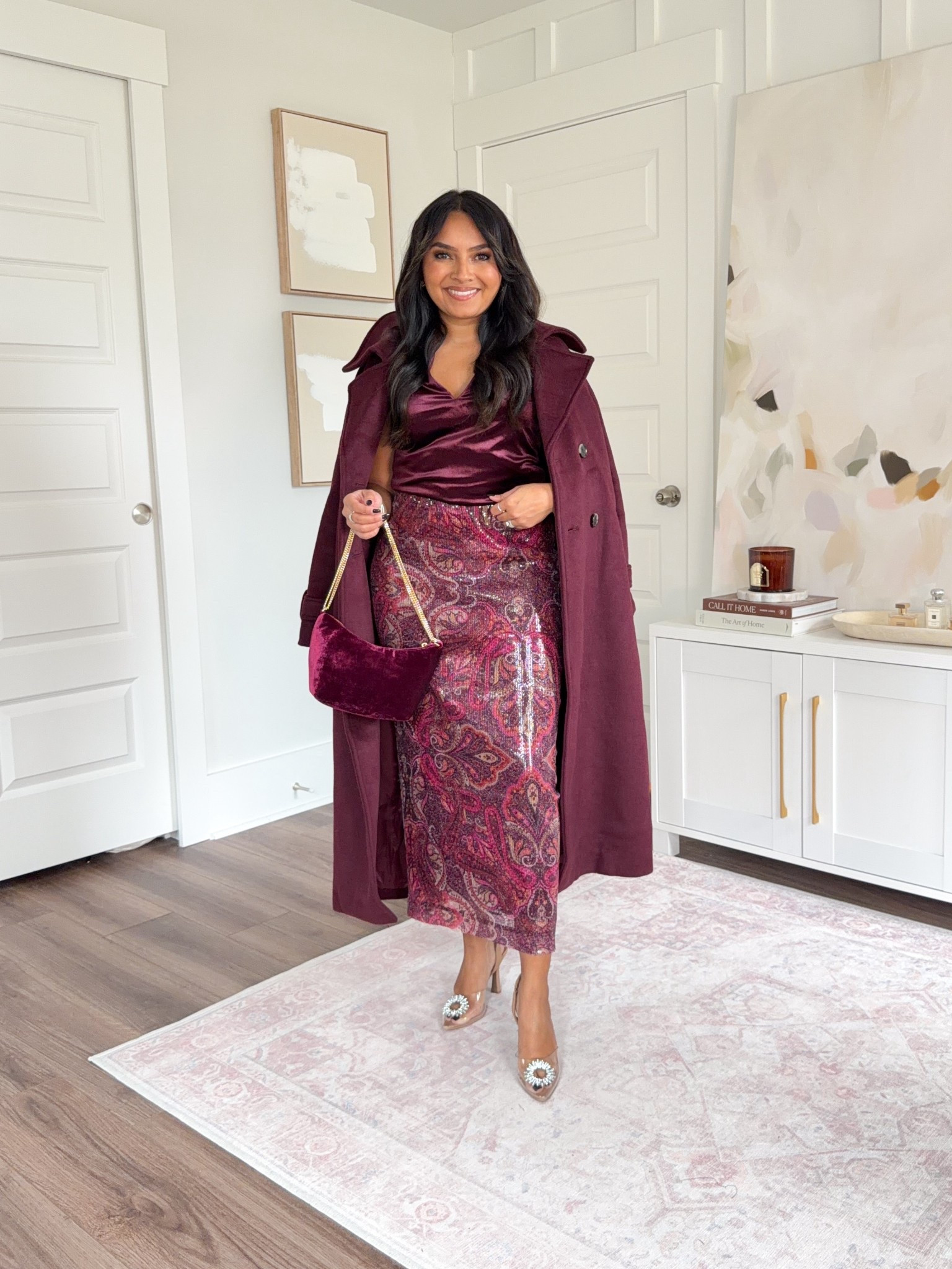 Red wine burgundy wool trench coat size xs petite TTS
Plum velvet top size xxs regular TTS
Sequin paisley skirt size 2 regular - a little big in the waist but I wanted the skirt to more full length!
Clear rhinestone heels size 5, similar linked

#LTKHoliday #LTKSaleAlert #LTKPetite
